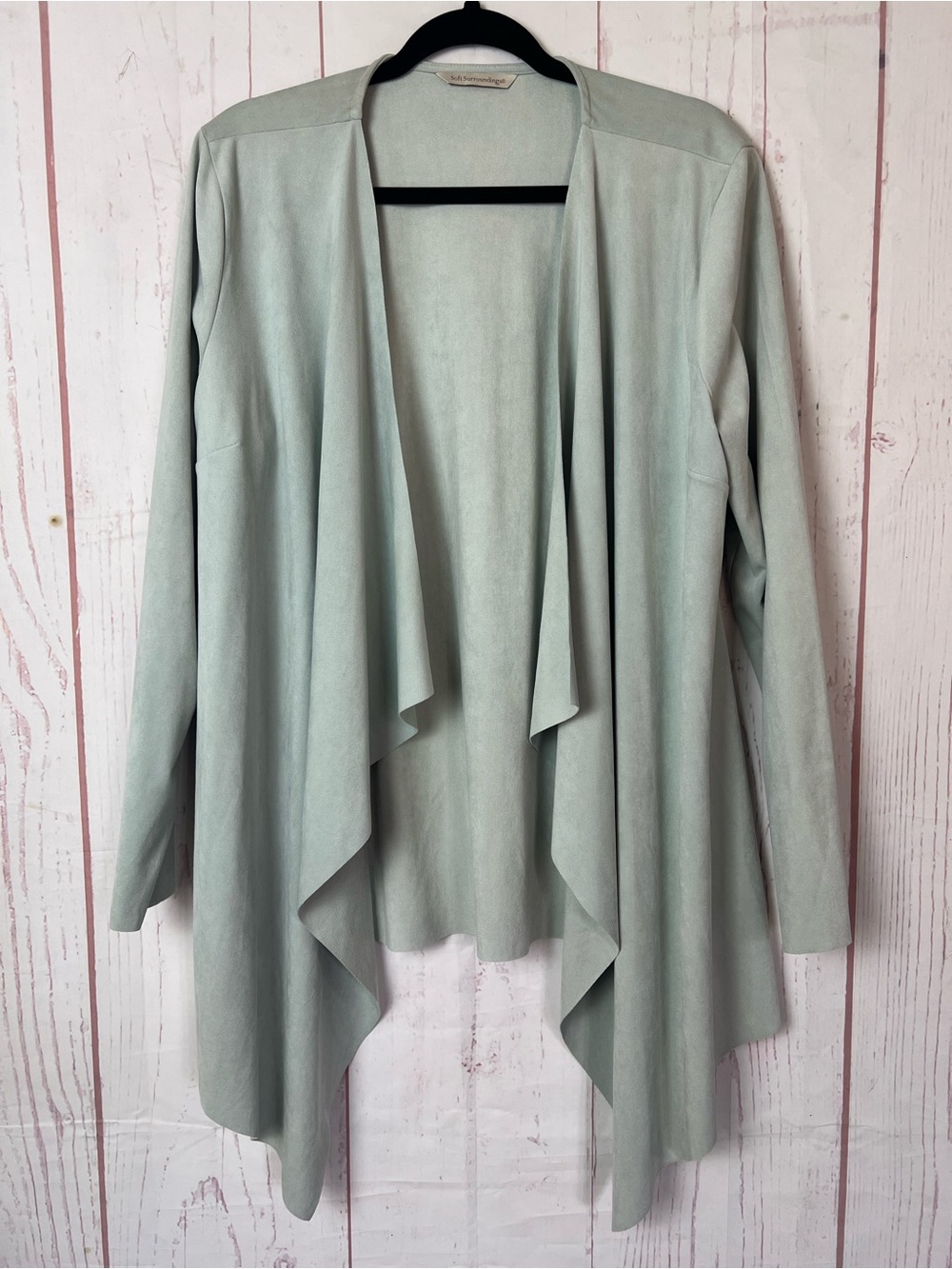 Soft Surroundings 1X XL Pale Green Faux Suede Draped Open Waterfall Cardigan ~
